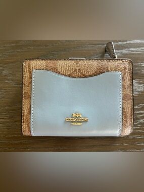 Coach Light Blue Leather & Signature Canvas Card Wallet with Gold Logo